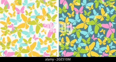 Ensemble de motifs vectoriels sans coutures rétro avec papillons. Motif vectoriel vintage avec papillons colorés. Illustration de Vecteur
