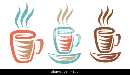 Illustration vectorielle d'une tasse de café ou de thé de style rétro. Logo vintage de la boisson chaude pour le café. Symbole vectoriel de tasse à café ou à thé avec assiette. Illustration de Vecteur