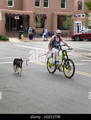 Un homme marche ou dirige son chien en laisse alors qu'il parcourt sa bicyclette dans une rue du centre-ville de Santa Fe, au Nouveau-Mexique. Banque D'Images