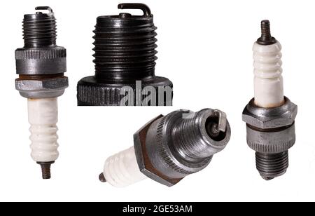 Ancienne bougie d'allumage de voiture de tourisme. Pièces de rechange pour moteurs à combustion interne. Arrière-plan isolé. Banque D'Images