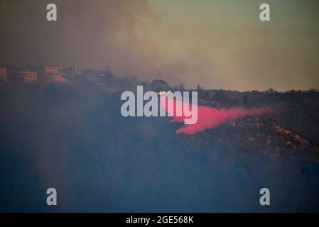 Jérusalem, Israël. 16 août 2021. Les forces de lutte contre les incendies luttent pour éteindre un feu de forêt massif lors de son deuxième jour de brûlage, les pentes occidentales des montagnes de Jérusalem. Village de GIV'at Ye'arim/Shoresh. Jérusalem-Ouest, 16 août 2021. (Photo de Matan Golan/Sipa USA) crédit: SIPA USA/Alay Live News Banque D'Images