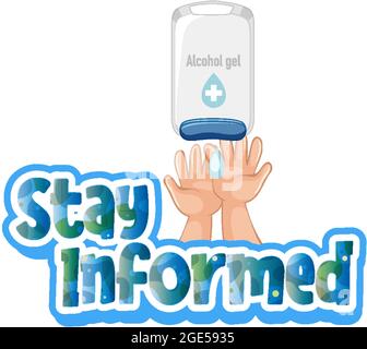 Restez informé police dans le style de dessin animé avec les mains en utilisant l'alcool gel isolé illustration Illustration de Vecteur