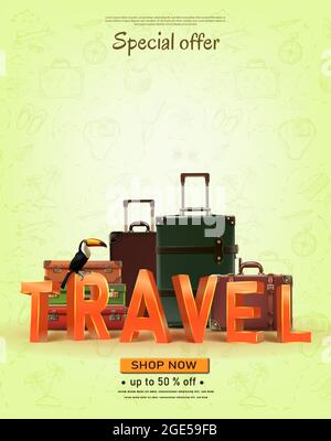 bannière de voyage avec éléments dessinés à la main. Temps de voyage d'été à l'arrière-plan du concept de voyage avec des bagages. Illustration de Vecteur