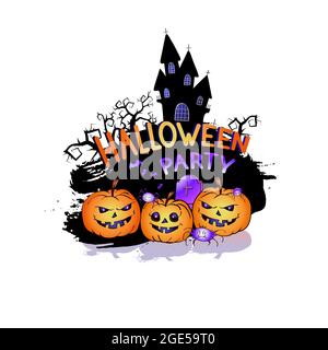 Illustration vectorielle avec des citrouilles souriantes, des chauves-souris et des lettres Halloween Party sur fond blanc. Style de dessin animé. Illustration de Vecteur