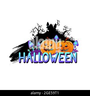 Halloween illustration avec des citrouilles souriantes, château sinistre et lettrage sur fond blanc. Style de dessin animé. Illustration de Vecteur
