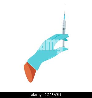 Main dans des gants médicaux tenant une seringue, vaccination contre le virus, illustration vectorielle de style plat Illustration de Vecteur
