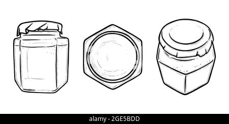 Vue avant et supérieure du bol en verre. Pot hexagonal pour les conserves de cornichons, de miel ou de confiture. Illustration vectorielle dessinée à la main isolée sur fond blanc Illustration de Vecteur