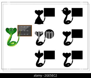 Un jeu logique pour les enfants, trouvez l'ombre droite. Mignon serpent de dessin animé, vecteur isolé sur un fond blanc. Illustration de Vecteur