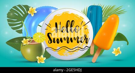 Modèle de bannière Hello Summer avec crème glacée à la popsicle, queue de coco et feuilles de palmier. Badge typographique. Vecteur Illustration de Vecteur