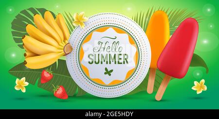 Modèle de bannière Hello Summer avec crème glacée à la popsicle, banane pour bébé et feuilles de palmier. Badge typographique. Vecteur Illustration de Vecteur