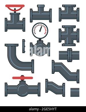 Définir. Raccords, robinets, coudes, raccords et manomètre. Pièces de rechange pour les pipelines, les égouts, les gazoducs et tous les liquides. Isolé sur un fond blanc Illustration de Vecteur