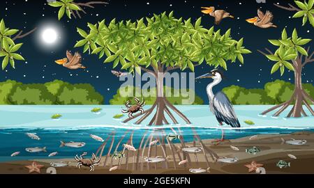 Scène de paysage de la forêt de mangroves à l'illustration de nuit Illustration de Vecteur