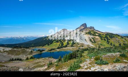 Lacs bleus devant la montagne volcanique de Black Tusk, Panorama Ridge, parc provincial Garibaldi, Colombie-Britannique, Canada Banque D'Images