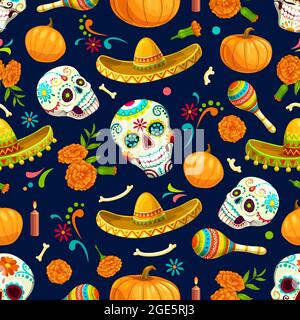 Dia de Los Muertos, motif mexicain sans couture. Jour des fêtes de fin d'année décoration, tissu imprimé ou fond vectoriel avec des crânes et des os de calavera, some Illustration de Vecteur