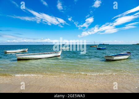 Bateaux de pêche dans l'eau turquoise verte sur la plage à bain des Dames, lieu de pêche trouvé près de Cassis à Port Louis, Maurice, Afrique Banque D'Images