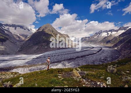 Randonnée le long du Grand glacier d'Aletsch, Valais, Suisse Banque D'Images