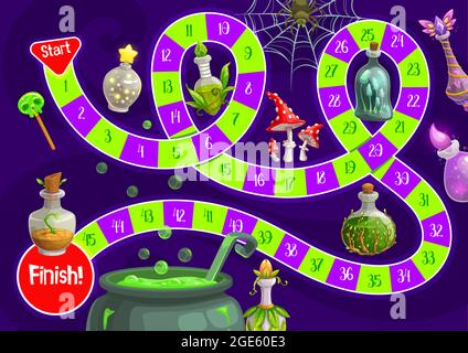 Jeu de société enfant Halloween avec potions magiques. Jeu de course pour enfants, modèle de jeu de société pour enfants avec vecteur de dessin animé élixirs magiques, voler agaric Illustration de Vecteur