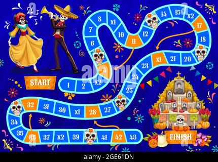 Jeu de société pour enfants. Vacances de dia de Los Muertos célébrant des squelettes humains, dansant la femme et mariachi musicien à sombrero, commémorant le peopl décédé Illustration de Vecteur