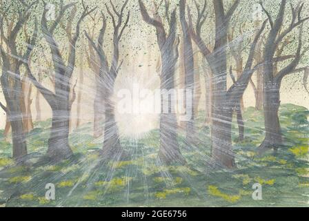 Peinture aquarelle du paysage forestier le matin brumeux. Les rayons du soleil traversent les arbres. Le soleil traverse les arbres d'un dense for Banque D'Images
