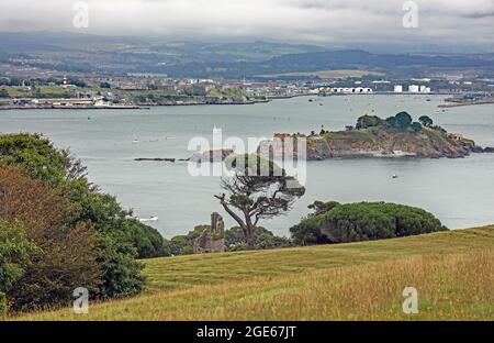 Un début d'automne arrivant au premier plan dans cette vue sur le front de mer et la ville de Plymouth depuis Deer Park, au-dessus du parc Mount Edgcumbe à Cornwall, pris dans UN Banque D'Images