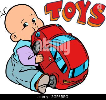 petit bébé préféré mignon bébé mâchant sur une voiture jouet Illustration de Vecteur