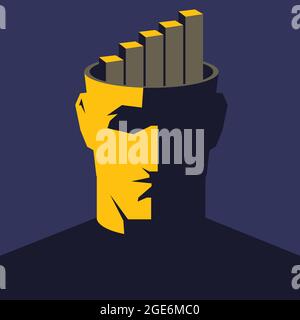 Tête mâle ouverte avec graphiques ascendants. Concept de réussite. Banque D'Images