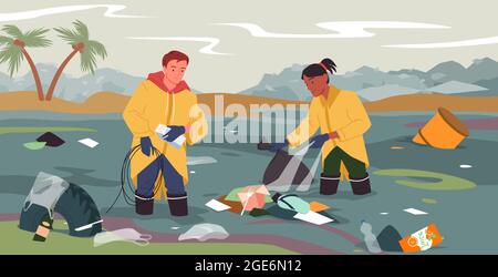 Les gens nettoient la rivière sale des ordures, la plage polluée, les bénévoles nettoyant l'eau Illustration de Vecteur