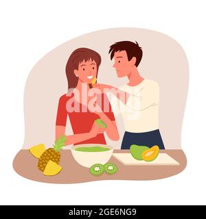 Caricature épouse et mari personnages debout, mignon couple aimant, embrassant et souriant, cuisine de nourriture, isolé sur blanc. Les couples passent du bon temps Illustration de Vecteur