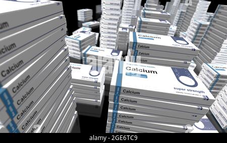 Production de boîtes de comprimés de calcium. Pack de pilules de supplément de régime pour la santé osseuse. Illustration du rendu 3d du concept abstrait. Banque D'Images