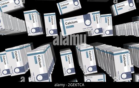 Production de boîtes de comprimés de calcium. Pack de pilules de supplément de régime pour la santé osseuse. Illustration du rendu 3d du concept abstrait. Banque D'Images