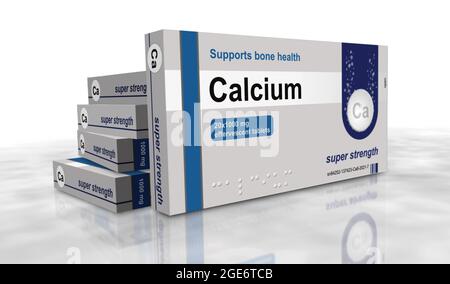 Production de boîtes de comprimés de calcium. Pack de pilules de supplément de régime pour la santé osseuse. Illustration du rendu 3d du concept abstrait. Banque D'Images