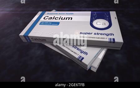 Production de boîtes de comprimés de calcium. Pack de pilules de supplément de régime pour la santé osseuse. Illustration du rendu 3d du concept abstrait. Banque D'Images