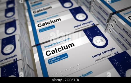 Production de boîtes de comprimés de calcium. Pack de pilules de supplément de régime pour la santé osseuse. Illustration du rendu 3d du concept abstrait. Banque D'Images