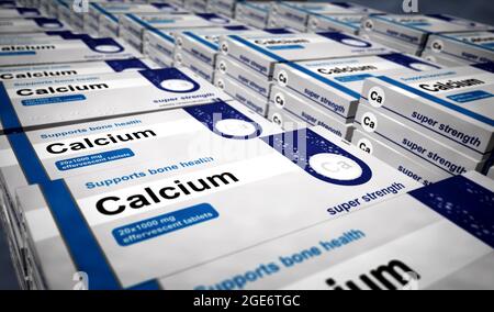 Production de boîtes de comprimés de calcium. Pack de pilules de supplément de régime pour la santé osseuse. Illustration du rendu 3d du concept abstrait. Banque D'Images