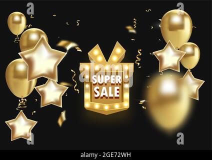 Super vente boîte cadeau comme tableau rétro doré broadway signe illustration vectorielle. Illustration de Vecteur