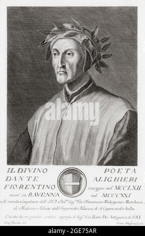 Durante degli Alighieri, alias Dante Alighieri ou simplement Dante, 1265 -1321. Poète italien. Auteur de la Divine Comedy. Après un imprimé du XVIIIe siècle par Francesco Allegrini. Banque D'Images