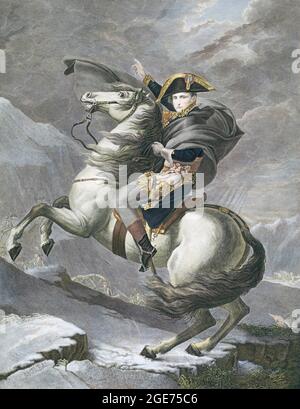 Napoléon traverse les Alpes au col Saint-Bernard. Napoléon Bonaparte, 1769 – 1821. Homme d'État et chef militaire français. Empereur des Français. Gravure après une oeuvre de Jacques-Louis David en 1801. Banque D'Images