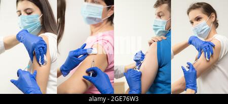 Image composite d'images avec un médecin ou une infirmière donnant le vaccin au patient à l'aide de la seringue injectée à l'hôpital. Concept de vaccination mondiale Banque D'Images