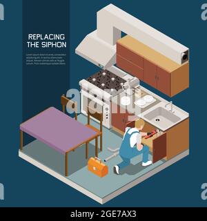 Plomber la composition isométrique en remplaçant le titre du siphon et l'illustration du vecteur du siphon brisé de la fixité manuelle Illustration de Vecteur
