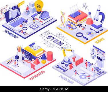 STEM Education Isometric Infographics avec enfants et enseignants personnages matériel de laboratoire robots et outils d'ingénierie illustration vectorielle Illustration de Vecteur