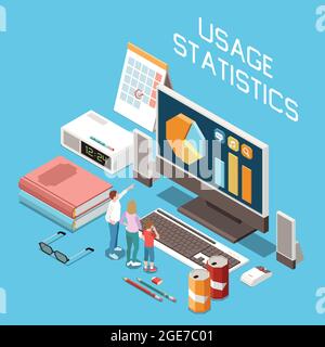 Contrôle parental numérique composition isométrique avec vérification du graphique des statistiques d'utilisation du temps de l'écran affiché sur l'illustration vectorielle du moniteur Illustration de Vecteur
