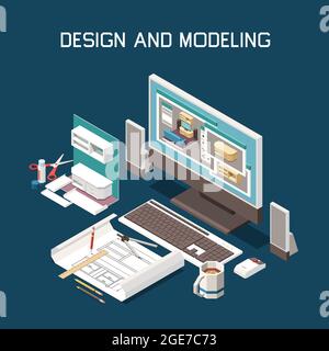 Menuiserie conception de production 3d ordinateur modélisation mobilier instructions de construction logiciel de dessin technique composition isométrique illustration vectorielle Illustration de Vecteur