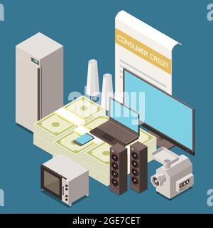 Micro crédit à la consommation pour acheter des articles ménagers composition isométrique avec réfrigérateur tv ordinateur ustensiles de cuisine illustration vectorielle Illustration de Vecteur