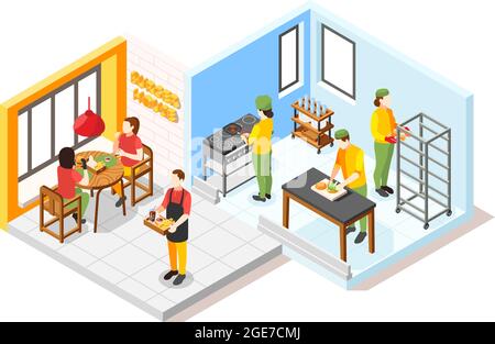 Burger House composition isométrique avec vue de restauration rapide restaurant chambre d'hôtes et cuisine avec l'illustration de personnes vecteur Illustration de Vecteur