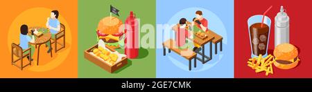 Burger House concept de conception isométrique avec 4x1 jeu de composition de repas rapide avec illustration vectorielle de personnages de visiteur Illustration de Vecteur