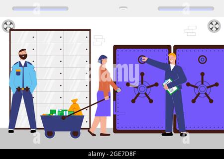 La composition plate de la banque de dépôt avec trois employés de banque mettre de l'argent dans une grande illustration de vecteur de coffre-fort Illustration de Vecteur