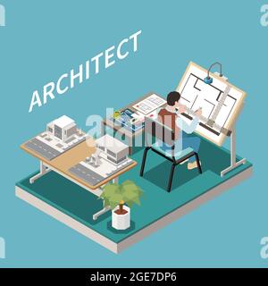 Architecte à la table composition isométrique avec vue de l'espace de travail d'architectes avec modèle architectural et illustration vectorielle de feuille de projet Illustration de Vecteur