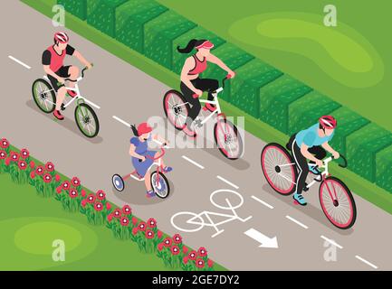 Composition isométrique de vélo avec vue extérieure de la piste cyclable avec les personnages des membres de la famille sur l'illustration du vecteur de conduite Illustration de Vecteur