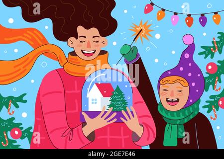 Carte de vœux de joyeux Noël et de bonne année.Joyeux maman et fille ou fils tient boule de neige avec maison et épicéa.Rire enfant et parent.Bannière à dessin vectoriel de fête de famille Illustration de Vecteur