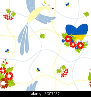 Motif sans couture avec symboles ukrainiens. Coeur bleu-jaune en fleurs, un bouquet de malow rouge, branche de viburnum, un oiseau sur fond blanc avec un Illustration de Vecteur